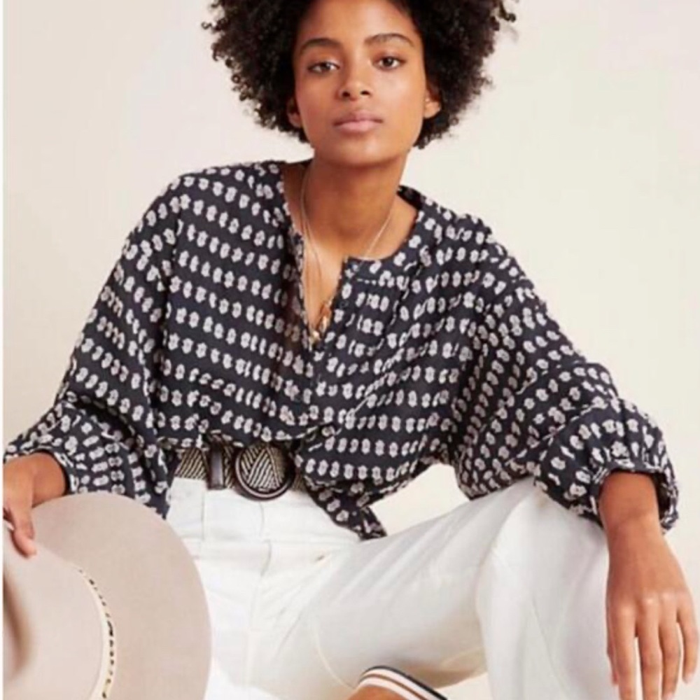 Anthropologie Pilcro Top 100% cotton navy off-white embroidery long sleeve S